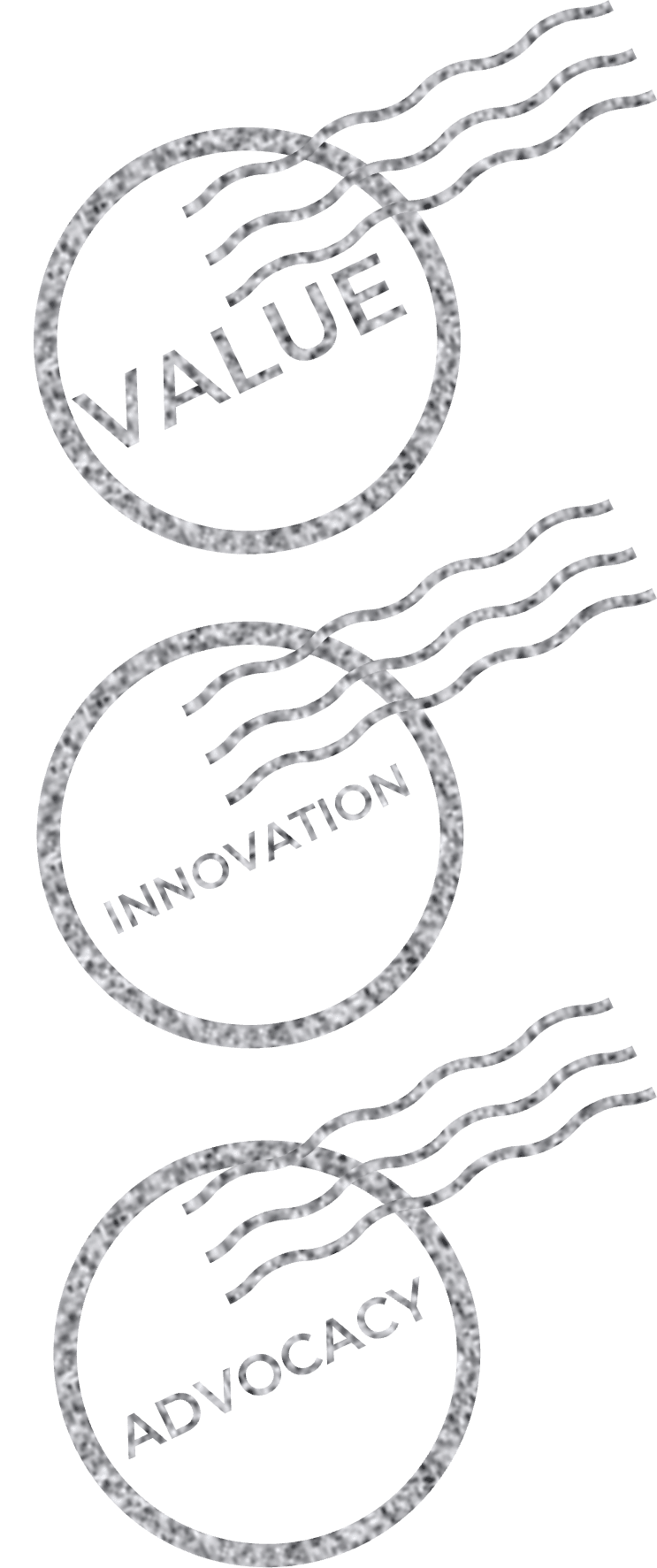 Three stamps with the words 'Value', 'Innovation', and 'Advocacy'.