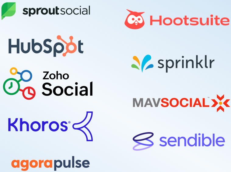 The logos for the following companies: Sprout Social; Hootsuite; HubSpot; Sprinklr; Zoho Social; MavSocial; Khoros; Sendible; Agorapulse.